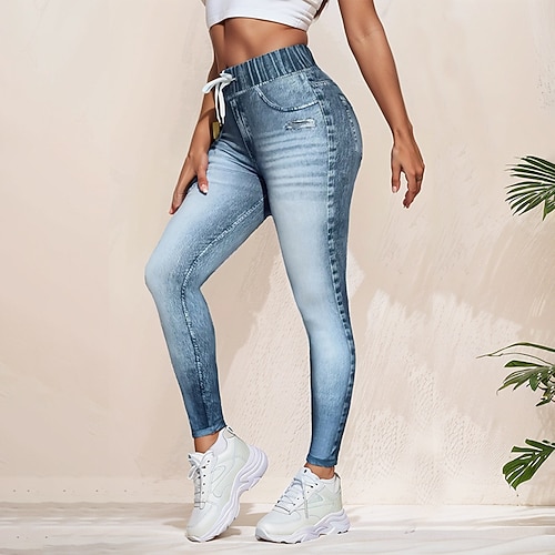 Damen Strumpfhosen Leggings Gemütliche Leggings Streetwear Lässig Volle Länge Hohe Taille Einfach Elastischer Bund Atmungsaktivität Dehnbar Urlaub Fitnessstudio Sport Outdoor Blau Sommer Normale Image
