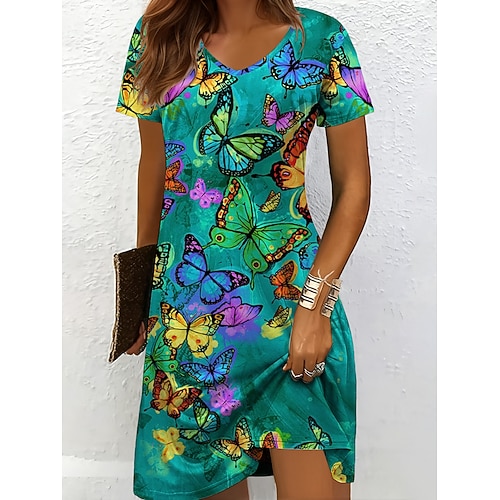 Damen Minikleid T-Shirt-Kleid A Linie Kleid Sommerkleid Urlaub Lässig Ferien Normale Passform Blumen Grafik Tiermotiv Kurzarm Rundhalsausschnitt Blau Gelb Rote Purpur Sommer Frühling Image
