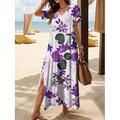 Damen Maxikleid Freizeitkleid Sommerkleid A Linie Kleid Elegant Urlaub Lässig Strand Normale Passform Blumen Grafik Blatt Kurzarm V Ausschnitt Schwarz und Weiß Gelb Rote Blau Sommer Frühling