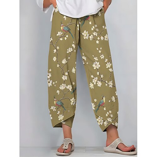 Damen Weites Bein Chinos Baggy-Hosen Vintage Basic Lässig Knöchellang Hohe Taille Blumen Grafik Kordelzug Patchwork Drucken Atmungsaktiv Unelastisch Lässig Täglich Outdoor Blau Gelb Grün Beige Sommer Image