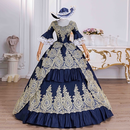 Vintage Rokoko Renaissance Maxi Kleid Normal Ein Hauch Prinzessin Braut Plissiert Gerüscht Prinzessin Rundhals Kostüm Damen Halloween Karneval Maskerade Leistung Party Halloween Erwachsene Ganzjahres Image