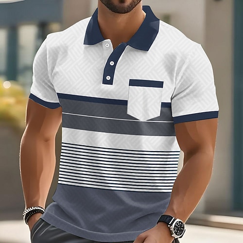 Herren Streifen Polo Kurzarm Polo-Shirts Hemden mit Kragen Business-Casual Outdoor Athleisure Alltagskleidung Tasche 3D-Druck Knöpfe Sommer Blau Braun Grün Image