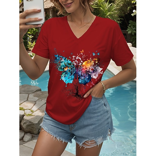 Damen T Shirt Druck Grafik Tiermotiv Schmetterling Vintage Stilvoll Klassisch Kurzarm V Ausschnitt Normale Oberteile Täglich Ausgehen Wochenende Blau Schwarz Weiß Gelb Rosa Sommer Frühling Image