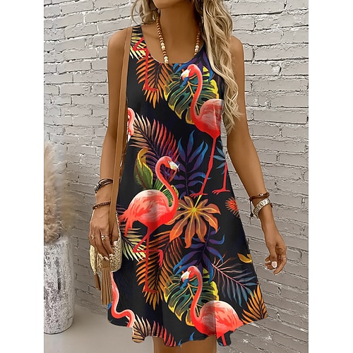Damen Minikleid Sommerkleid A Linie Kleid Schulterfreies Kleid Urlaub Lässig Ferien Strand Normale Passform Blumen Grafik Vogel Ärmellos Rundhalsausschnitt Magenta Rosa Purpur Orange Sommer Image