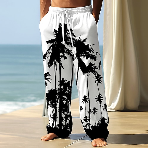 Herren Kokospalme Tropische Pflanzen Hose Baggy-Hosen Freizeithose Mittlere Taille Hawaiianisch Urlaub Ferien Strandbekleidung Kordelzug Elastischer Bund Weites Bein Sommer Frühling 3D-Druck Schwarz Image