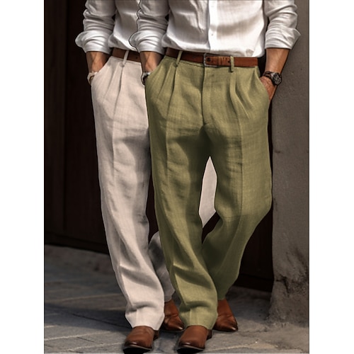 Herren Leinenhosen Hose Anzughose Sommerhose Faltenhose Fronttasche Gerader Schnitt Mehrfachpackung Einfach Komfort Atmungsaktiv Volle Länge Outdoor Lässig Täglich Urlaub Mode Grün grau SchwarzGrau Image