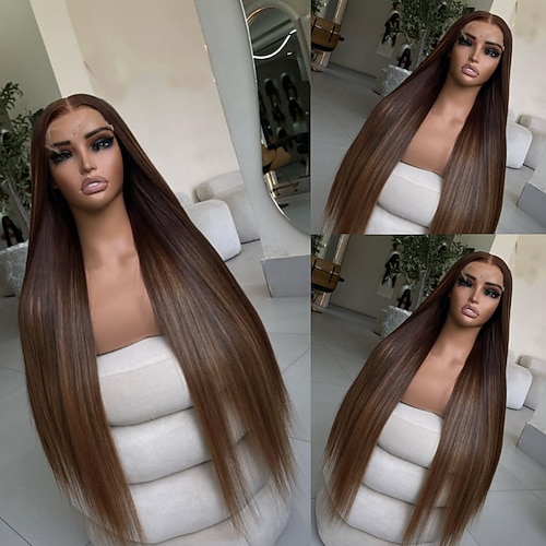 Remy Echthaar 5x5 Verschluss 13x4 Spitzenfront Perücke Freier Scheitel Brasilianisches Haar Glatt Braun Kastanienbraun Perücke 130% 150% Haardichte mit Babyhaaren Hervorgehobenes / Balayage-Haar 100 Image