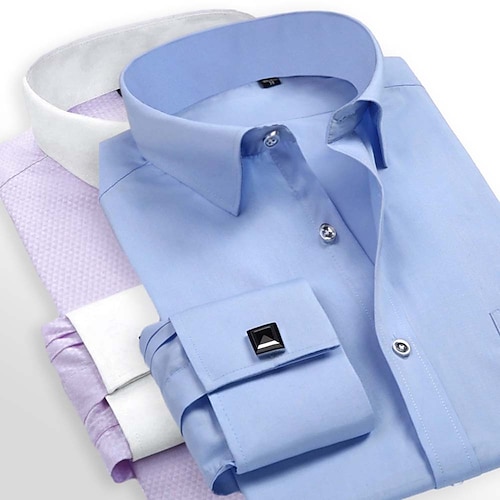 Herren Hemd Kleidhemd Hemd mit französischen Manschetten Einfach Hochzeit Geschäft RosaViolett BlauHellblau Gelb blau Gelb Pink Langarm Kragen Ganzjahres Bekleidung Tasche Image