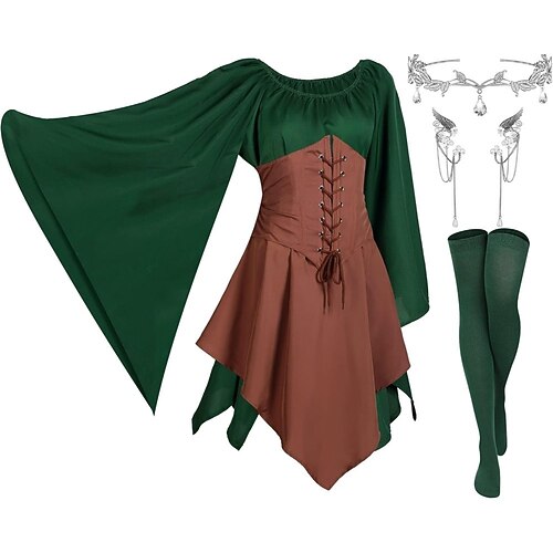 Outfits Kleid Cosplay Kostüm Outfits Elf Fee Kostüm Damen 1 Haarschmuck Kleid Socken Image