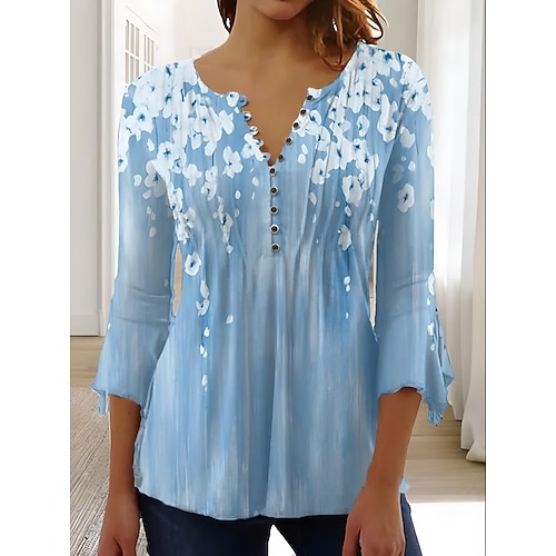 Damen T-Shirt V-Ausschnitt Ombre Floral Grafisch Elegant 3/4-Langarm Normale Oberteile Täglich Ausgehen Knöpfe Salbeigrün Weiß Blau Lila Grün Sommer Frühling Herbst Image