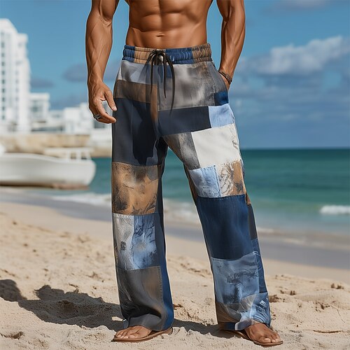 Herren Farbblock Patchwork Hose Freizeithose Baggy-Hosen Mittlere Taille Vintage-Retro Outdoor Urlaub Kordelzug Seitentaschen Elastischer Bund Sommer Frühling 3D-Druck Blau Image