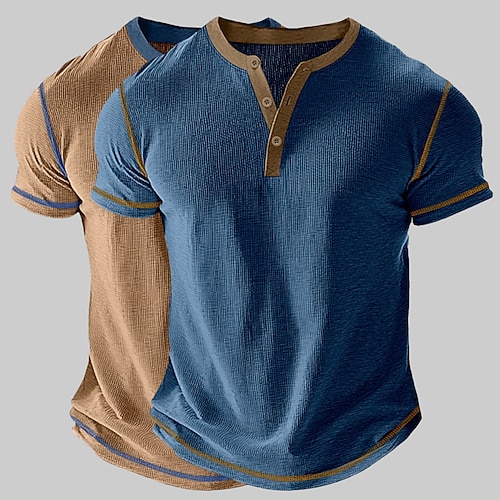 Herren Waffel-Henley-Hemd T-Shirt Kurzarm Einfarbig Vintage 2 teilig Knöpfe Mehrfachpackung Henley Outdoor Lässig Täglich Sommer 1 2 3 Henley T-Shirt Image