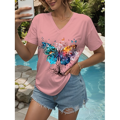 Damen T Shirt Druck Grafik Tiermotiv Schmetterling Vintage Stilvoll Klassisch Kurzarm V Ausschnitt Normale Oberteile Täglich Ausgehen Wochenende Blau Schwarz Weiß Gelb Rosa Sommer Frühling Image