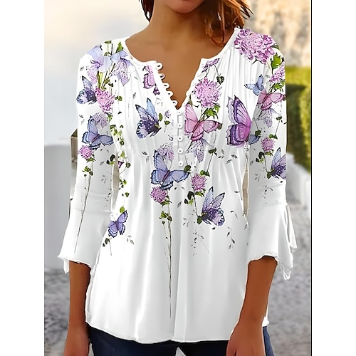 Damen T-Shirt V-Ausschnitt Ombre Floral Grafisch Elegant 3/4-Langarm Normale Oberteile Täglich Ausgehen Knöpfe Salbeigrün Weiß Blau Lila Grün Sommer Frühling Herbst Image