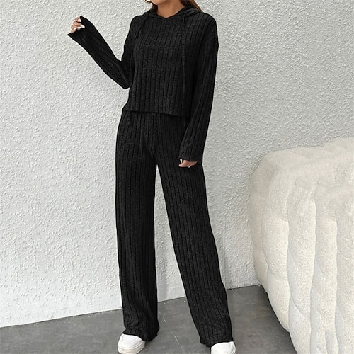 Damen Trainingsanzug Hose mit weitem Bein Reißverschlusstasche Einfarbig Kapuzensweatshirt Kombination Herbst Schwarz Hellgrau Fitnessstudio Training Sport Winddicht Langarm Sport Sportkleidung Image