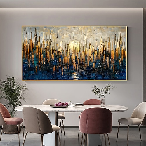 handgefertigtes originales Ölgemälde der Stadtarchitektur auf Leinwand, abstraktes Stadtgebäude, Wandkunst für die Inneneinrichtung mit gespanntem Rahmen ohne Innenrahmen Image