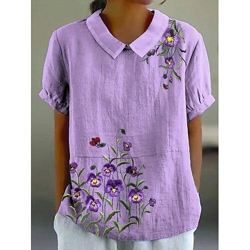 Damen Bluse Blumen Grafik 3D Vintage Tropisch Täglich Kurzarm Hemdkragen Peter Pan Kragen Normale Oberteile Täglich Ferien Ausgehen Druck Violett Sommer Frühling Herbst