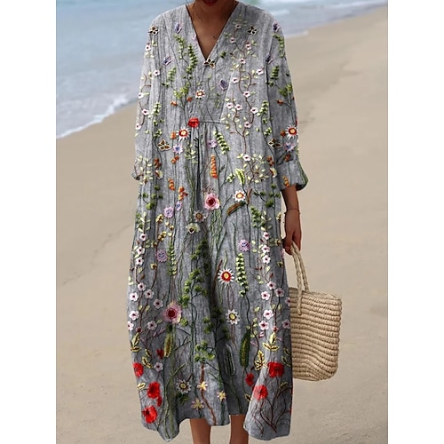 Womens Midi Kleid V-Ausschnitt Lange Ärmeln Kaftan Leicht Loose Fit A-Linie Kleid Lässig Boho Party Ausgehen Floral Grafik Abstrakt Lange Ärmeln V-Ausschnitt Asche Weiß Gelb Pink