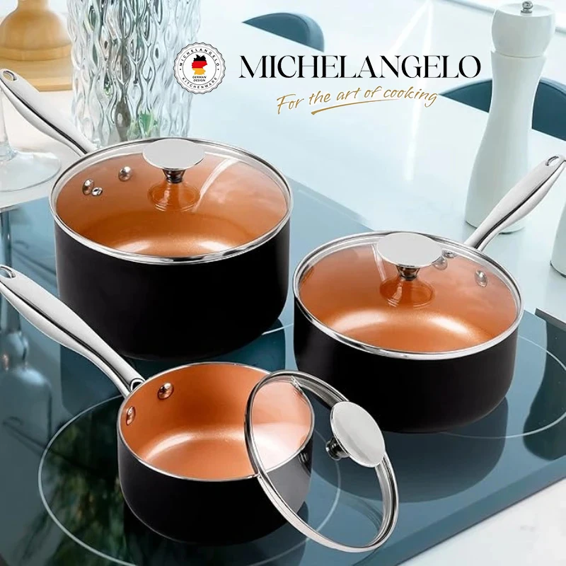 MICHELANGELO Keramik-Topf-Set, 3-teilig, 1,5 QT/2 QT/3 QT, antihaftbeschichtete Saucenformen, Milchtopf mit Deckel, Mehrzweck-Saucentöpfe, Suppentöpfe Image