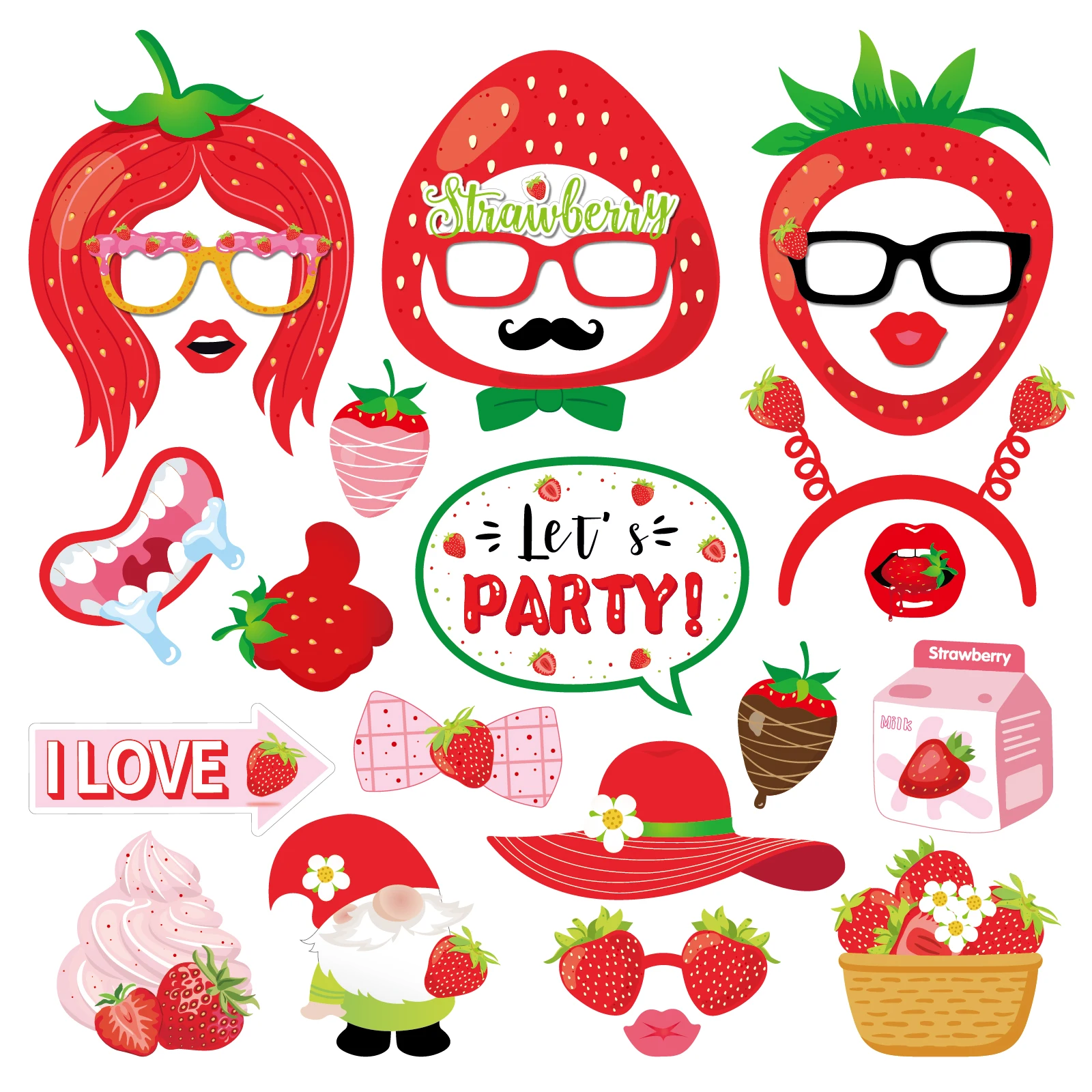 25 Stück süße Erdbeere Photo Booth Requisiten Fruite Handheld Fotografie Requisiten Kit für Babyparty Kindergeburtstag Partyzubehör Image