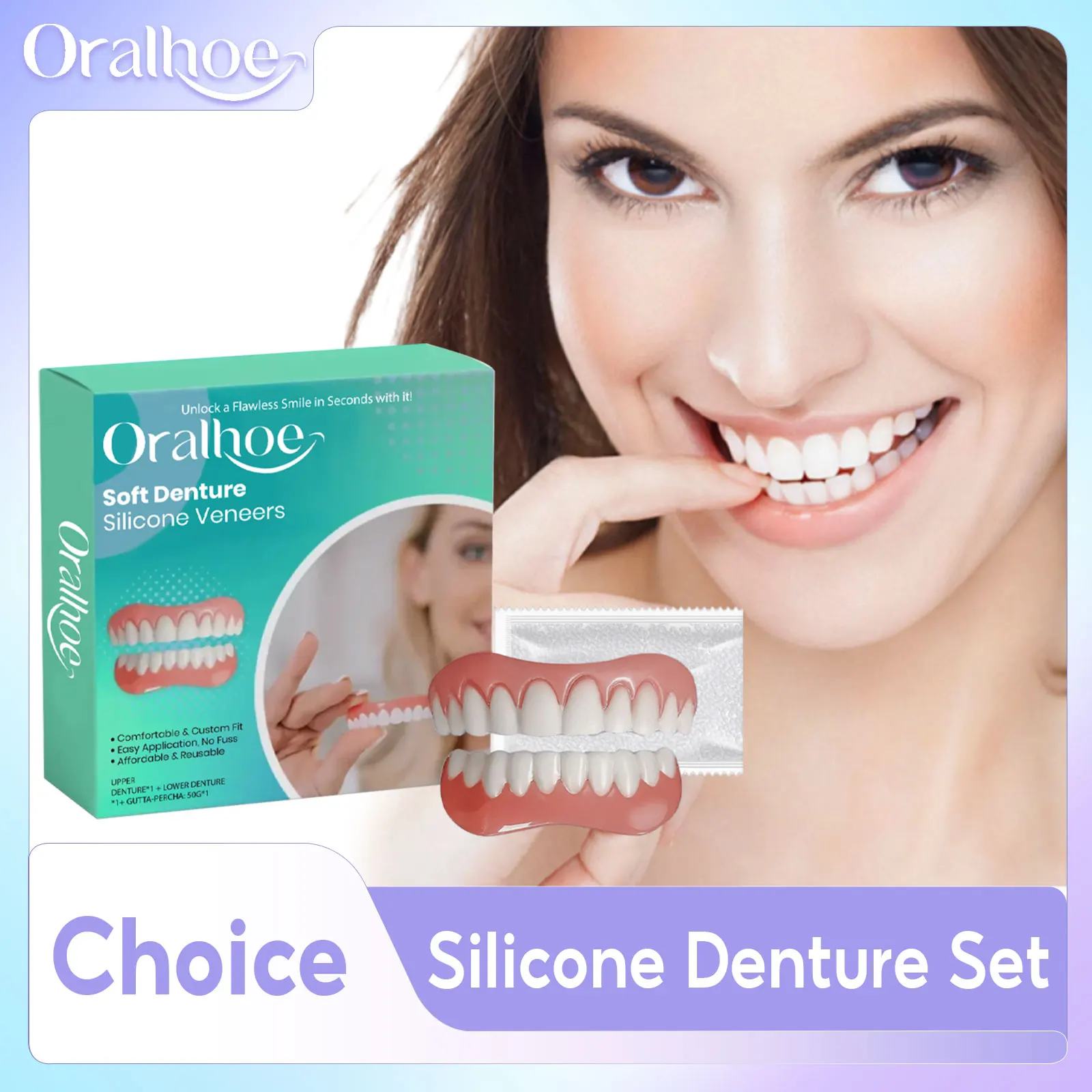 Silikon-Prothesen, künstliche Zähne, komplettes Set, einfach zu tragen, bequem, Anti-Reibung, schützt den Mund, verhindert Herunterfallen, weiche Prothese, Reline Kit Image