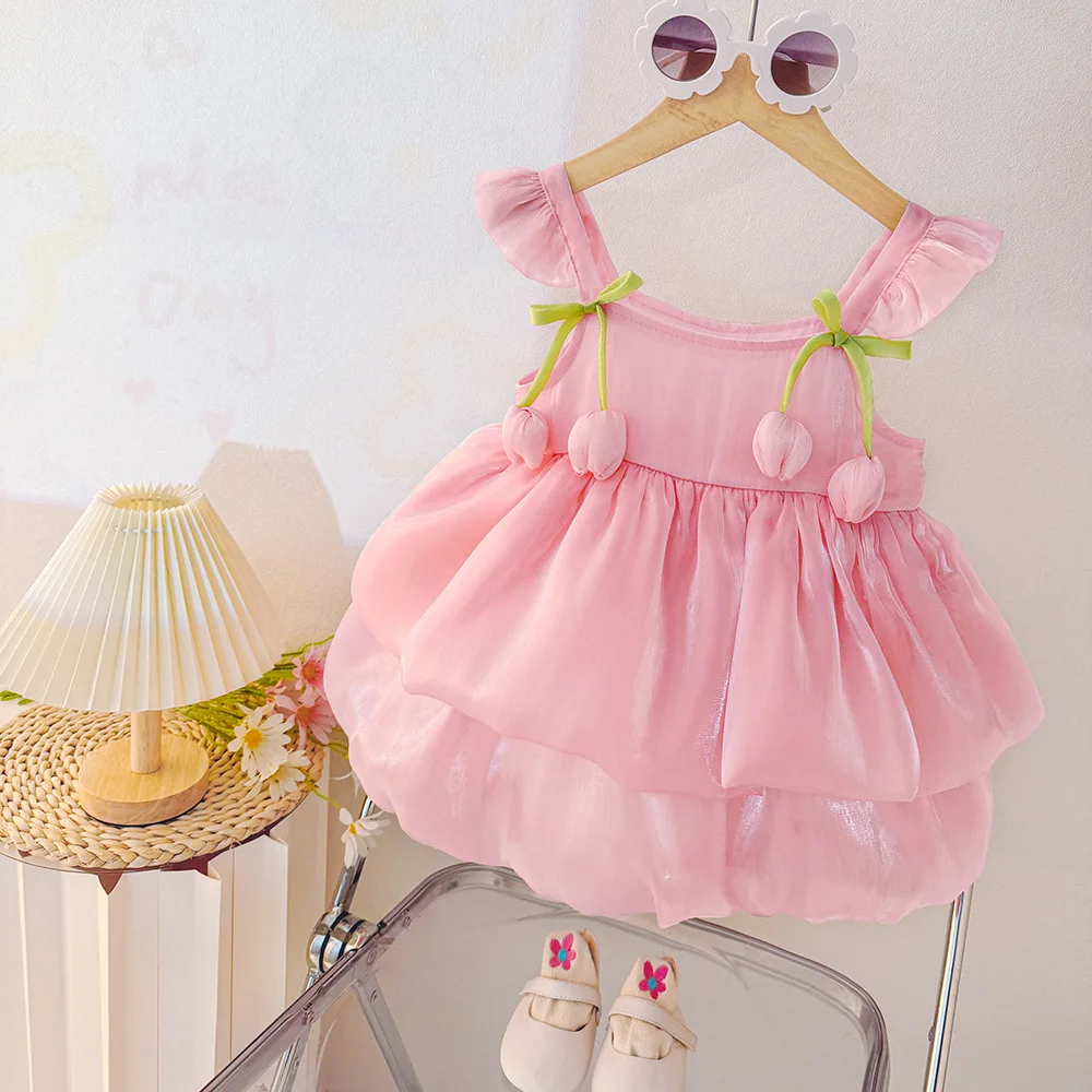 Baby Mädchen Kleidung Sommer Tulpe Muster Einfarbig Halter Puffy Mädchen kinder Kleid Nette Casual Prinzessin Kleid für Baby Mädchen Image