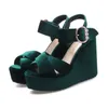 Velours-Samt, dunkelgrün, rot, offene Zehen, Plateau, Keilabsatz, High-Heels-Sandalen, große Größe 42, 43, breiter Schnallengürtel, schwarze Sommerschuhe