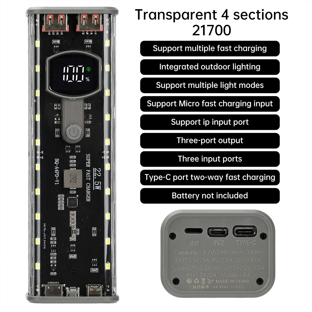 4*21700 DIY Power Bank Fall PD22.5W Powerbank Fall QC2.0/QC3.0 PD2.0 FCP, AFC 21700 LED Bildschirm Transparente Batterie Lagerung Shell Image