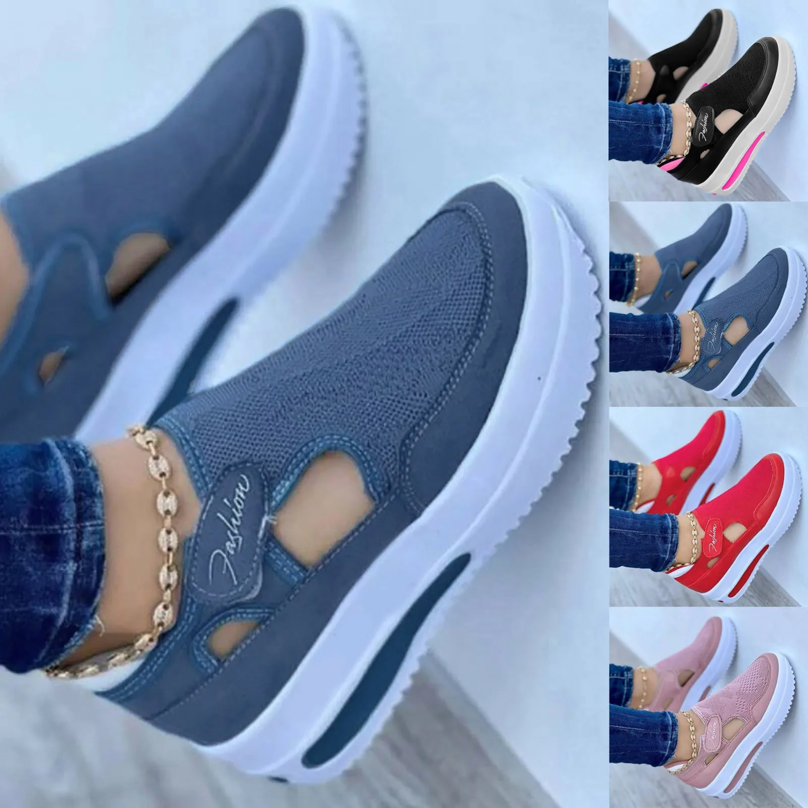 Solide flache Keile Plattform Walking Slipper Frauen gestrickt Slip auf dicken Sohle Freizeit schuhe weiche atmungsaktive Tennis Damenschuhe