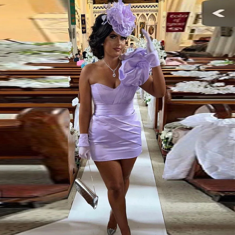 Modern Lilac Satin Cocktail Dress Mini Short One Shoulder Cocktail Gown for Women Sheath Pleat Sleeveless Party Gown
