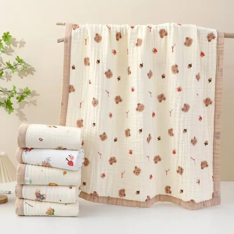Babydecke aus Baumwolle, 6-lagig, verdickt, weiche Gaze, für Neugeborene, Cartoon-Wickeldecken, Sommer, atmungsaktive Säuglingsdecke mit hoher Dichte Image