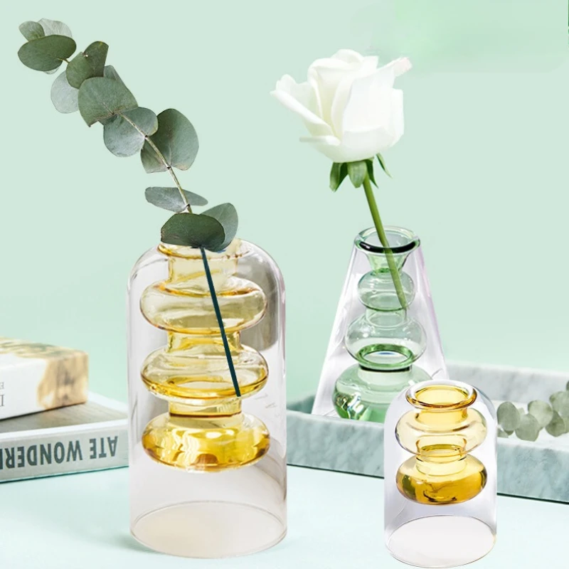 Heißer Verkauf Farbige Glas Vase Doppel Layered Nordic Flammenlose Rattan Aroma Flasche Hohe Borosilikat Wohnzimmer Blume Anordnung Image