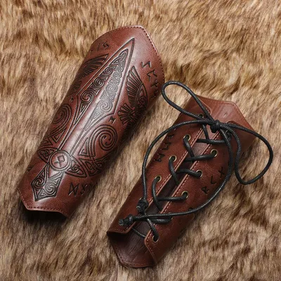 Mittelalterliche Leder-Handgelenkschützer, Wikinger-Krieger, geprägte Lederstulpen, Ritter-Armhandschuhe, Retro-Gothic-Armbänder, Outdoor-Rüstung Image