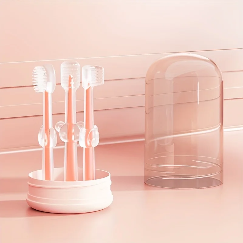 3 Stück Silikon-Babyzahnbürste mit Waschbecher, Mund- und Zungenmoos-Reinigungsbürste, tragbare Mundpflege für unterwegs Image