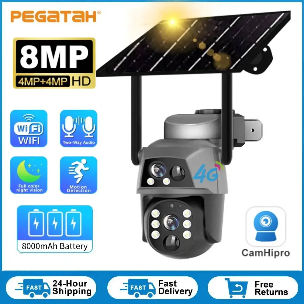 Dual Objektiv 8MP 4G SIM Solar Kamera PIR Menschlichen Erkennung Nachtsicht Sicherheit Video IP Cam 4K wifi Batterie CCTV Cam Campi Pro APP Image
