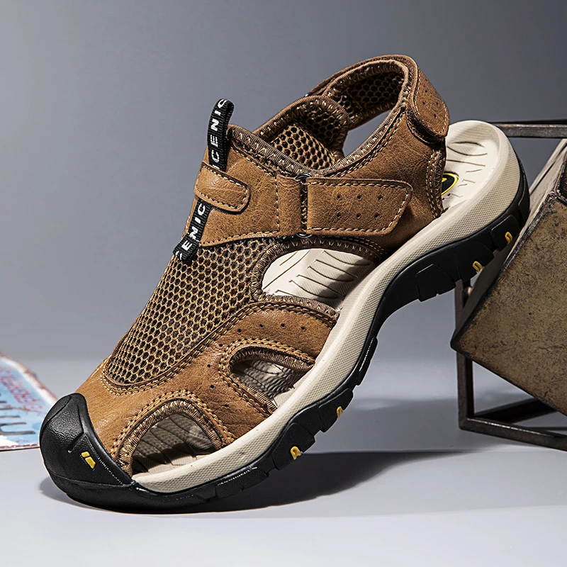 Sommer Herren Sandalen Atmungsaktives Mesh Obermaterial Herren Freizeitschuhe Outdoor Herren Ledersandalen für Herren Strandsandalen Römische Herrenschuhe