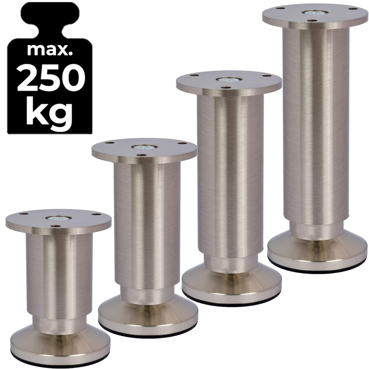 ID Dinkel 4er SET Möbelfüße Sofafuß Möbelbeine EDELSTAHL OPTIK gebürstet Höhe 6 cm 38 mm belastbar bis 250 KG Image