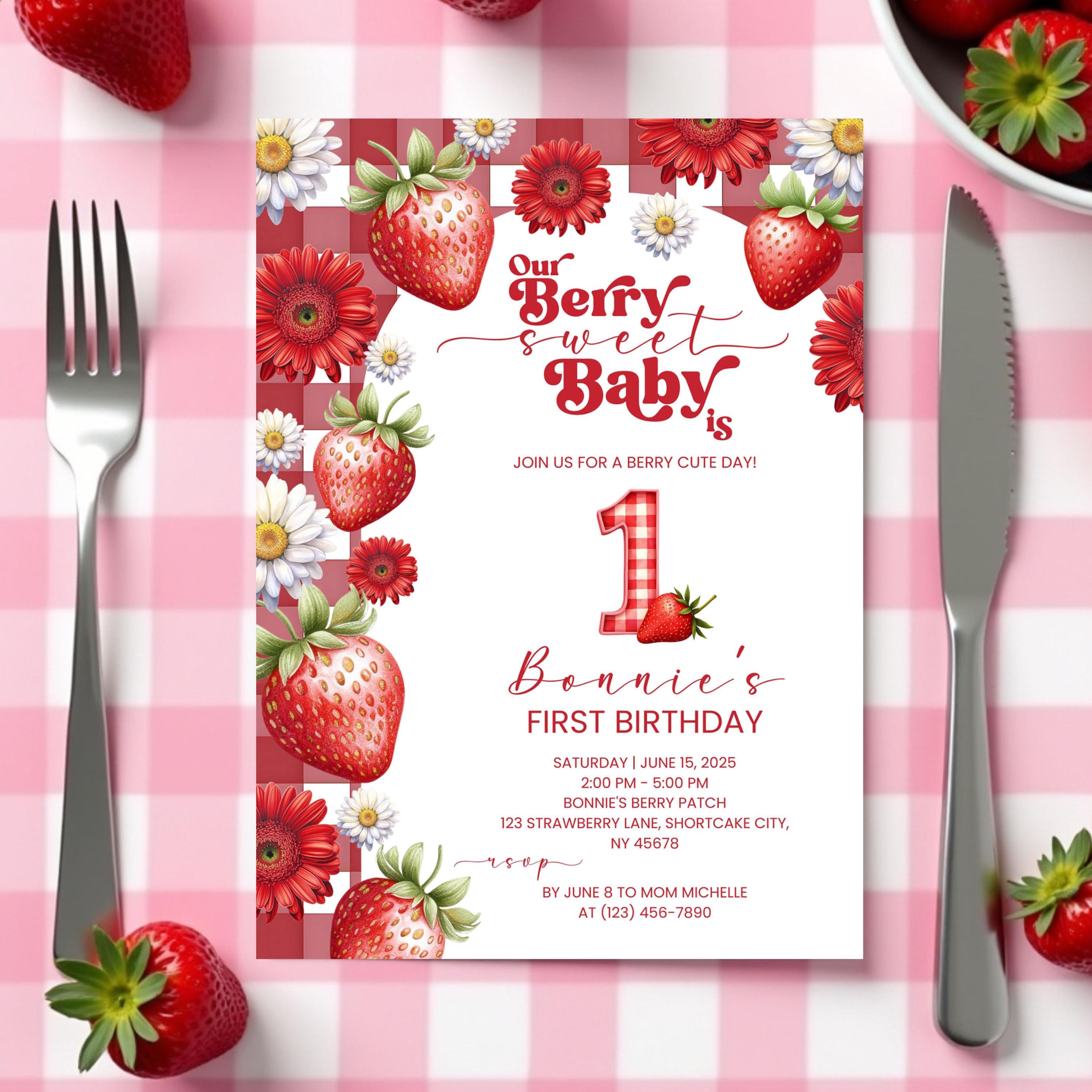 Invito per il primo compleanno a tema fragola rossa, invito modificabile per il primo compleanno a tema bacca dolce, invito per il compleanno a tema b