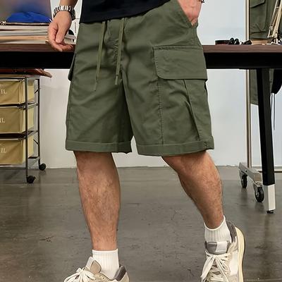 TEMU Men's Streetwear Cargo Shorts - Olive Green Loose Fit With Elastic Waist & Drawstring, Multiple Pockets, Machine Washable Durable Fabric For Casual Urban Style, Everyday , Nonstretch Material Image