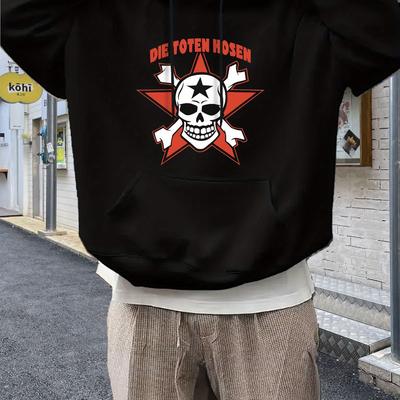 "TEMU Men's Cozy Fleece Hoodie With Skull & Print - "" Design, Navy Blue, Long Sleeve Pullover For Winter Outdoor Wear, Casual Streetwear, Winter Streetwear | Skull Print Hoodie | Fleece Lined Hoodie" Image