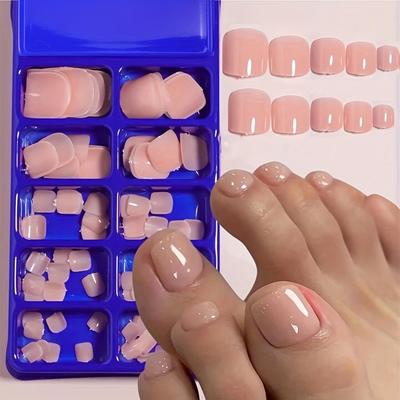 TEMU 100pcs Short Square Press On Toenails - Pink Acrylic Full Cover Artificial French Tips With Glossy Finish, Diy & Salon Use, Easy Application For Women, Nail Care, Highquality Pressons Image