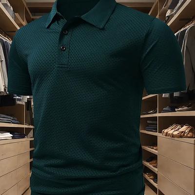 TEMU Men's Quick-dry Breathable Golf Shirt - Short Sleeve, Button-up, Stretch Fabric, Geometric Pattern, Dark Green, Casual & Business Wear, Sports Shirt | Short Sleeve Shirt | Stretchable Material Image