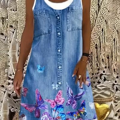 TEMU Women's Summer Sleeveless Dress With Vibrant Print - Lightweight Stretchy Polyester/elastane Blend, Casual Round Neck A-line Dress With Pockets, Machine Washable For Image