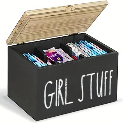 TEMU 1 Modern Wooden Bathroom Storage Box With Lid, Suitable For Girls' Supplies, Storage Box, With Removable Partition, Bathroom Decorative Box, Home Storage Box Image