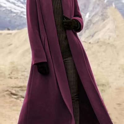 TEMU Women's Plus Size Long Trench Coat - Casual Lapel Collar, Solid Color, Non-stretch Fabric, Ideal For Spring/fall, Winter Outerwear||nonstretch Material Image