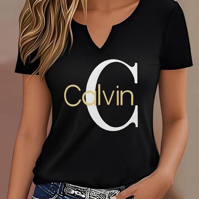 "TEMU Women's Casual Black V-neck T-shirt With "" Print - Stylish Short Sleeve Top For All , Casual Wear| Tshirt|short Sleeve Shirt" Image
