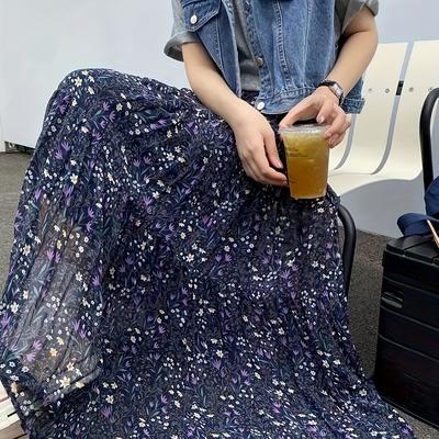 TEMU Yy0327055! Blue And Purple Floral Skirt, Walking Around , Skirt, Free And , Must-have For Vacation! Fantasy Floral Skirt, Soft And , Meeting Image