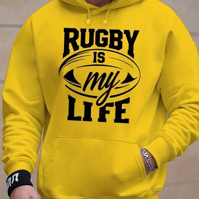 TEMU Men's Rugby Hoodie - Cozy Fleece Sweatshirt, Black With White Letter Print, Long Sleeve, Warm & Stylish For Fall And Winter, Perfect Gift For Sports Fans Image