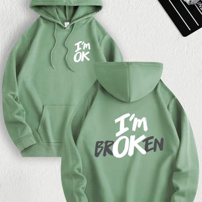 "TEMU Men' Hoodies With Drawstring - Casual Knit Polyester Hooded Sweatshirts With "i'm Ok " Print, Long Sleeve With Kangaroo Pocket" Image