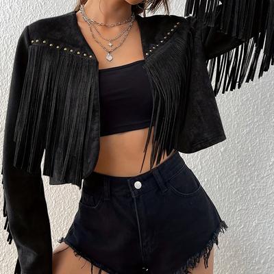 TEMU Women's Fashion Solid Color Tassel Rivet Front Short Jacket Image
